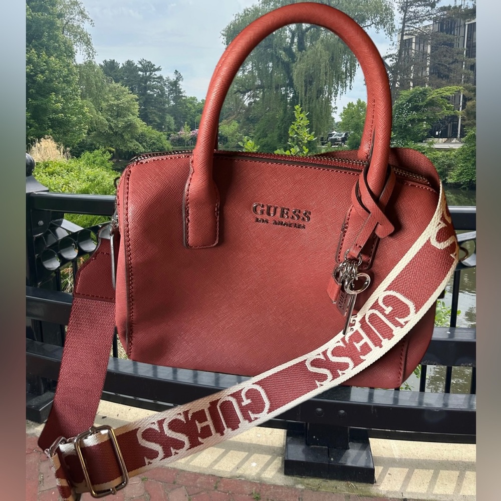 GUESS Factory Berkton Barrel Satchel (SF943606) in Rust NWOT